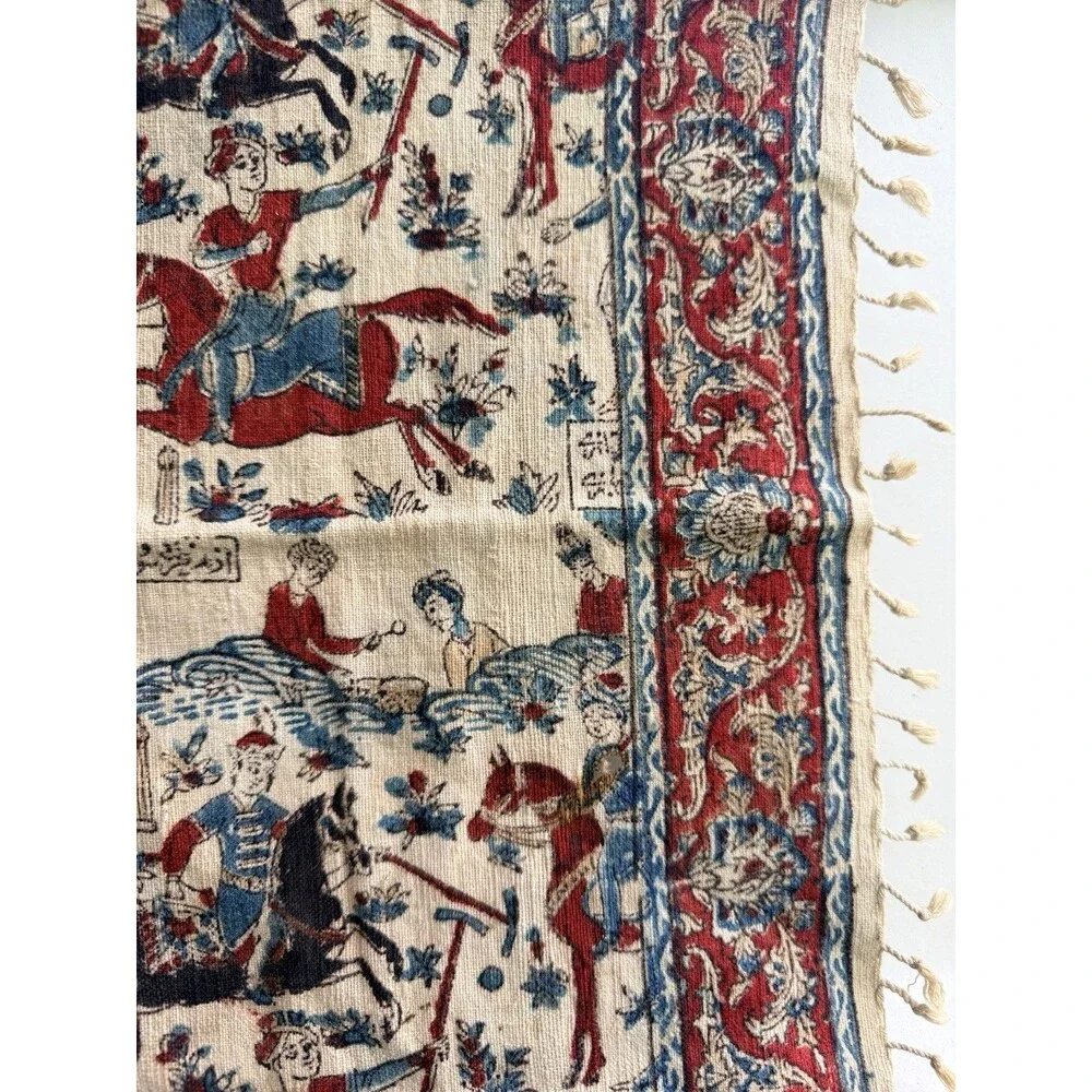 Antique Persian Fringed Cloth Tapestry Qajar Hunting & Polo Scene 24 X 24
